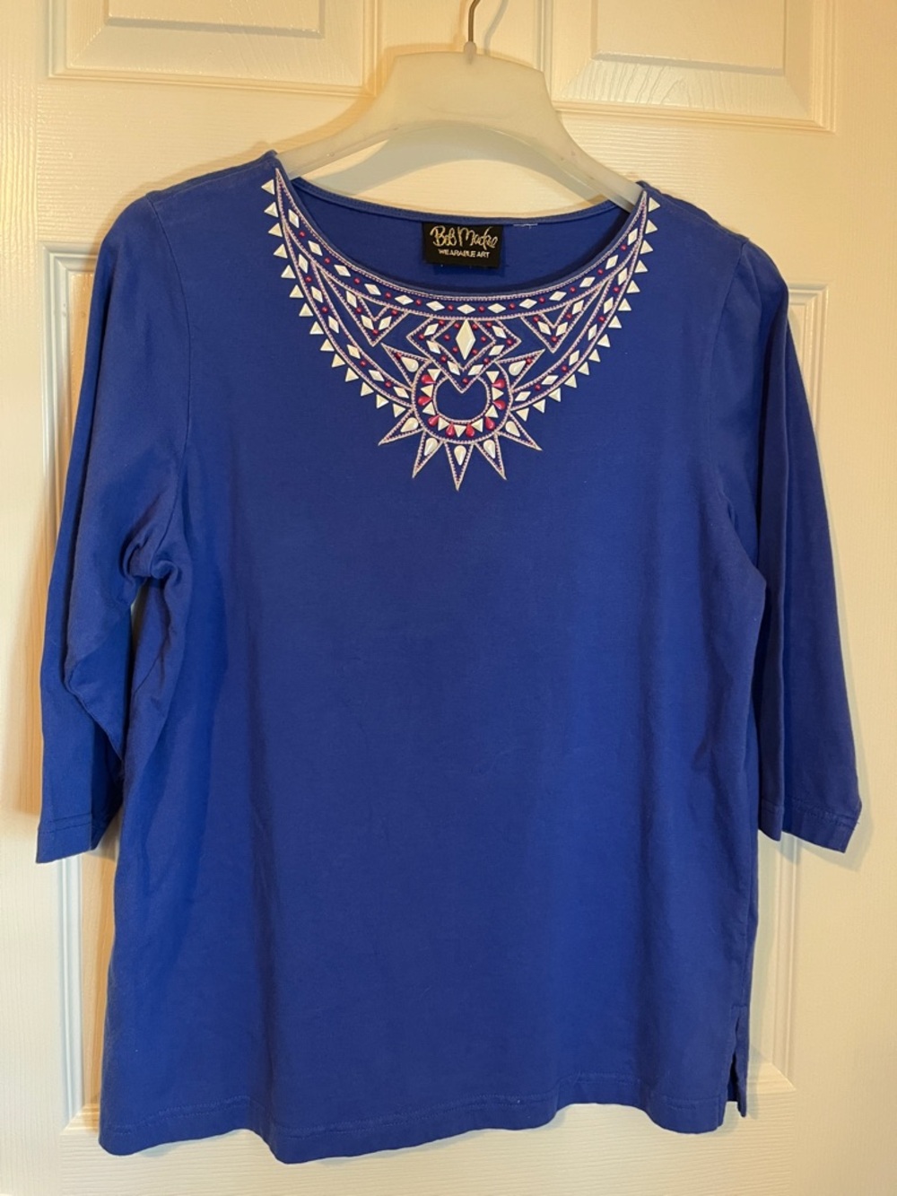 Bob Mackie Cobalt Blue 3/4 Sleeve Tee with Embroidered Geometric Yoke